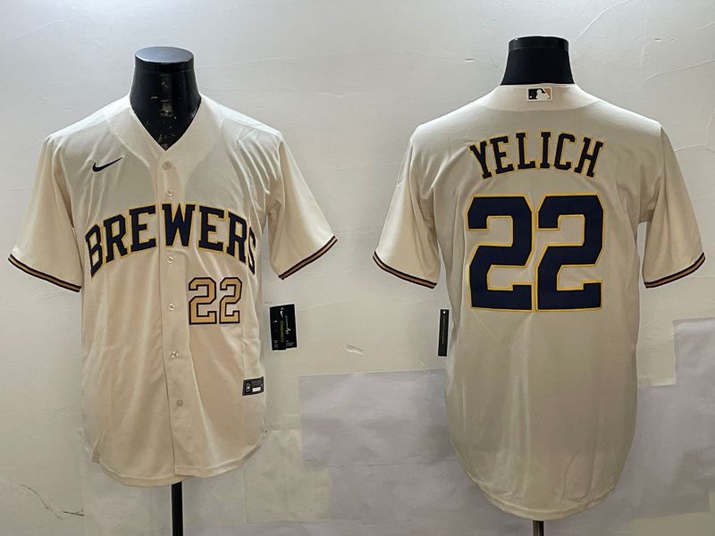 Men Milwaukee Brewers #22 Yelich Cream Game 2025 Nike MLB Jersey style 3->miami marlins->MLB Jersey